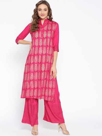 Chhabra 555 Pink Kurta Set with gold foil print in bold floral motifs and matching pants