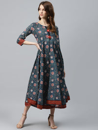 Made to Measure Kalamkari Print Long Dress with Thread Embroidery & Mirror Buttons