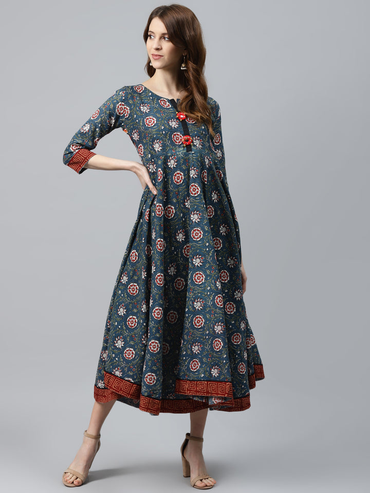 Made to Measure Kalamkari Print Long Dress with Thread Embroidery & Mirror Buttons