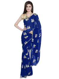 Blue Chiffon Foil Print Party Wear Saree with Ethnic Radha Kishan Motifs