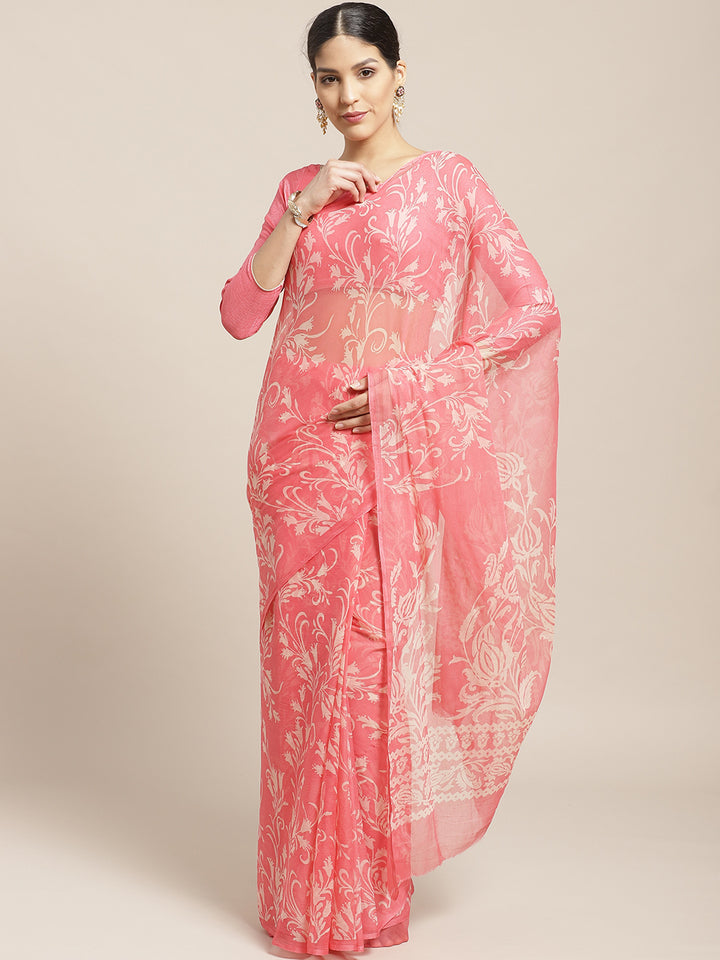 Summer Chiffon Saree with Contemporary Floral Prints and ColorBlocking