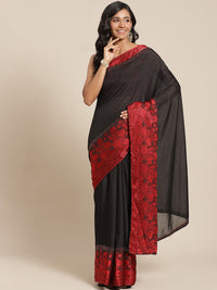 Black Georgette Crystal Embellished Saree With Contrast Red Banarasi Brocade panel