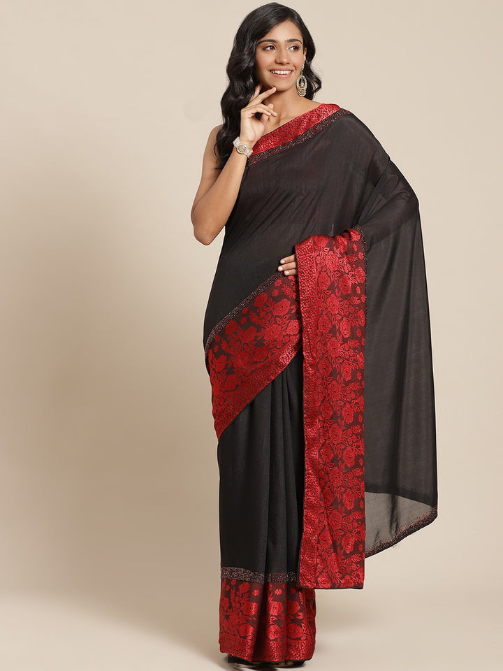 Black Georgette Crystal Embellished Saree With Contrast Red Banarasi Brocade panel