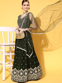 Chhabra 555 Made to Measure Bottle Greeen Zari & Sequence Embellished Lehenga Set & Net Dupatta