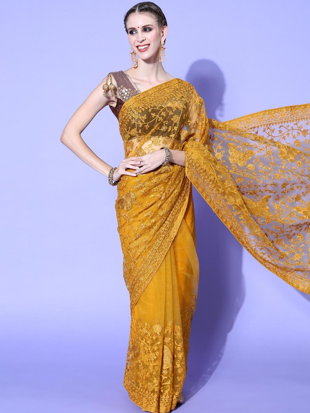 Chhabra 555 Golden Mustard Resham Embroidered & Crystal Embellished Festive Net Saree
