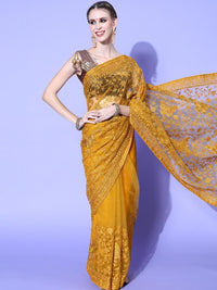 Chhabra 555 Golden Mustard Resham Embroidered & Crystal Embellished Festive Net Saree