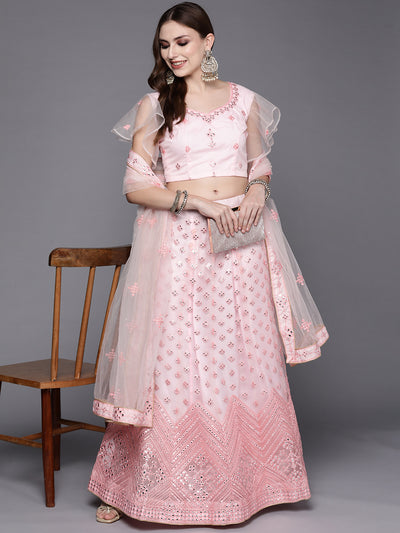 Chhabra 555 Semi-Stitch Pastel Pink Resham Embroidered & Mirror Embellished Chevron Net Lehenga Set