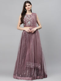 Pastel Mauve Mirror Embellished Lehenga Set with Cut dana Embroidery, Frills & Layering