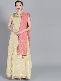 Made-to-measure Cream Pink Anarkali kurta set With Floral Embroidery on Neckline