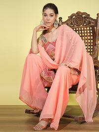 Chhabra 555 Made to Measure Peach Kurta Palazzo Suit Set Embellished With Heavy Multi Color Resham & Zari Embroidery