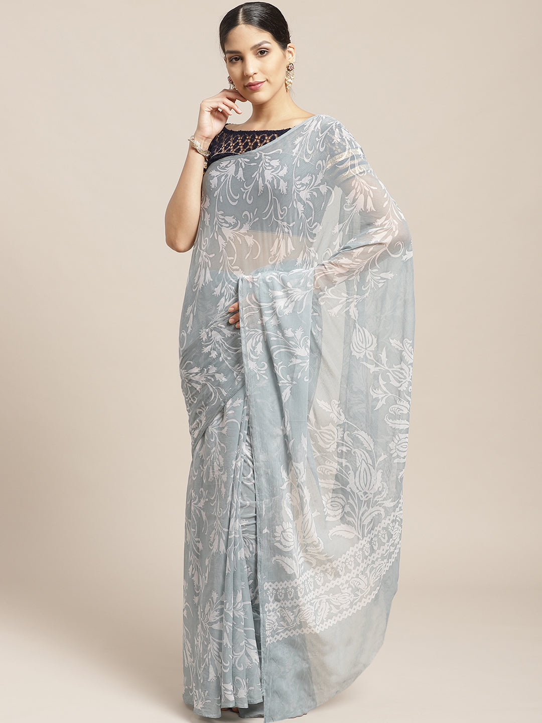 Grey Pastel Summer Chiffon Saree with Contemporary Floral Prints and ColorBlocking