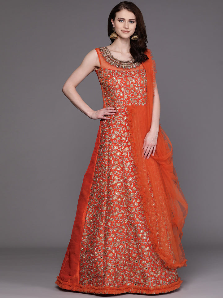 Embroidered Cocktail Gown with Mirror Work and Ruffled dupatta