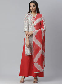 Cotton Ikat Inspired Kurta Set with Zari embroidered neckline and Bandhej Dupatta
