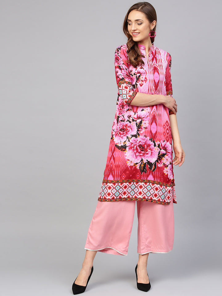 Pink Cream Ikat inspired Batik Printed Straight Kurta