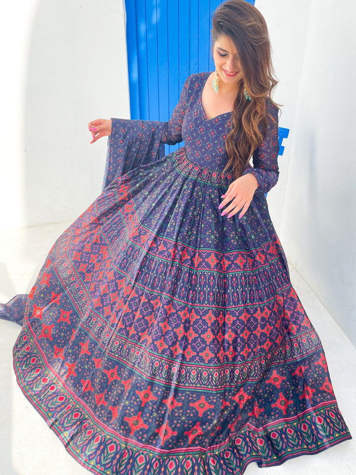 Blue Geometric Digital Printed Kalidar Long Flared Gown With Dupatta