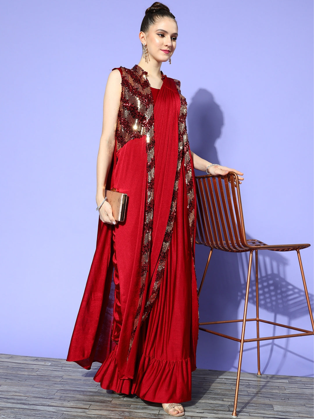 Chhabra 555 Pre - Stitch Drape Maroon Ruffles Lycra Saree With Metallic Sequence Embellished Jacket