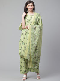 Pastel Green Cotton  Printed Dress Material with Floral Printing on Dupatta