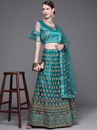 Chhabra 555 Semi-Stitched Gold Aari Embroidery Party Wear Net Lehenga Set with Embellished Dupatta