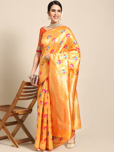 Chhabra 555 Mustsard Banarasi Floral Meenakari Resham & Oxidised Zari Woven Embellished Silk Saree