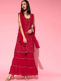 Made to Measure Magenta Metallic Floral Swarovski Embellished Sharara Suit Set