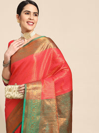 Chhabra 555 Coral Pink Kanjeevaram Oxidised Copper Zari Silk Saree With Contrast Rich Pallu, Border 