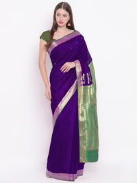 Purple Green Banarasi Silk Saree with Contrast Green Zari Border