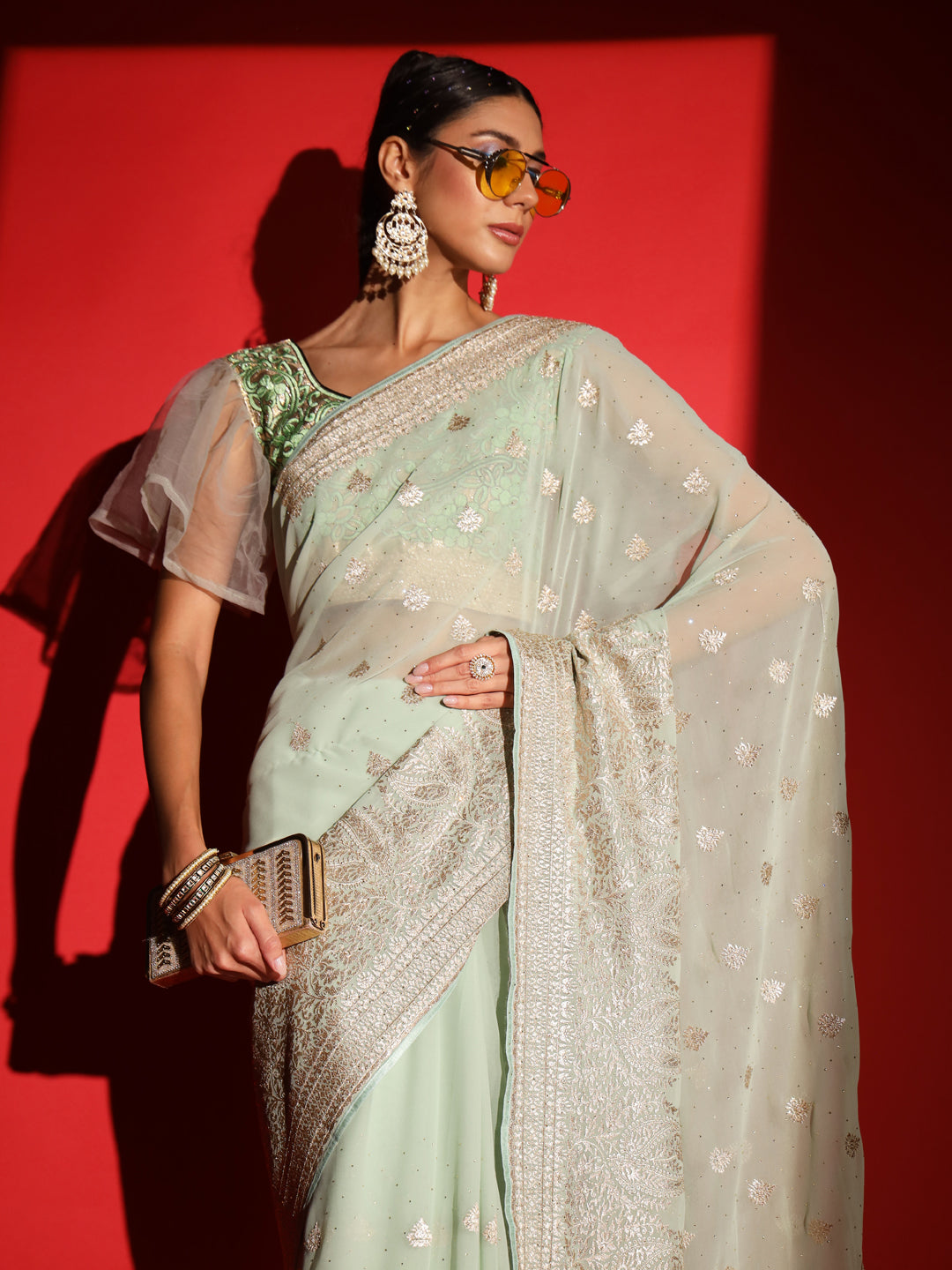 Chhabra 555 Pastel Zari Embroidered & Crystal Studded Georgette Party Wear Saree