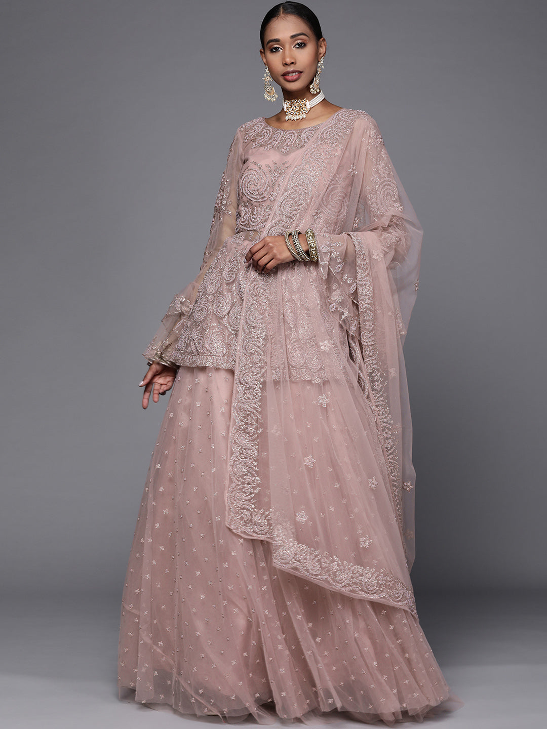Chhabra 555 Made-to-Measure Shimmer Pastel Peplum Lehenga Choli Set Embellished With Bell Sleeves