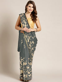 Grey Chiffon Hand-dyed  Bright Neon's Saree with Gold Foil Printed Floral Tulip Pattern