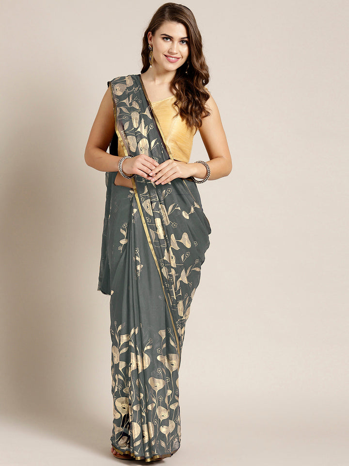 Grey Chiffon Hand-dyed  Bright Neon's Saree with Gold Foil Printed Floral Tulip Pattern