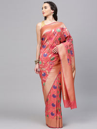 Chhabra 555 Peach Banarasi Silk Handloom, Hand Woven,Floral, Meenakari Banarasi Zari Weav Border Saree  