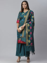 Handloom Chanderi Printed Dress Material with Gold Weave Border & Banarasi Duppatta