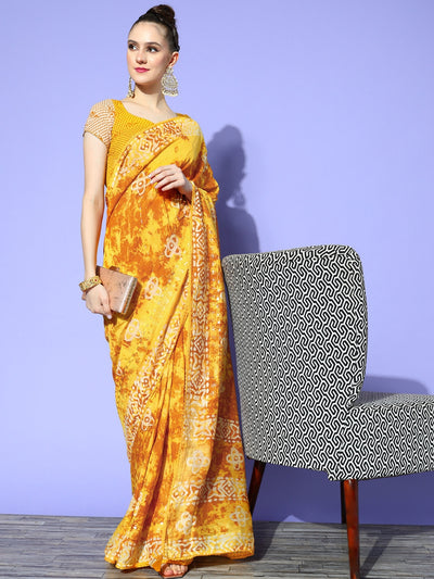 Chhabra 555 Yellow Batik Printed & Resham & Sequin Embellished Cotton Saree