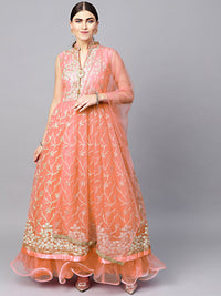 Made to Measure Peach Anarkali Cocktail Gown with Resham Zari Embroidery and dupatta