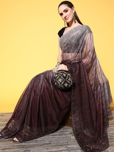 Chhabra 555 Brown Ombre Shimmer Georgette Cocktail Saree With Crystal Studded Embellished Border