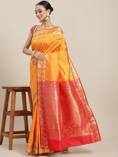 Chhabra 555 Orange Floral Ethnic Motifs Banarasi Silk Saree with Contrast Pallu & Jhalar Tassels