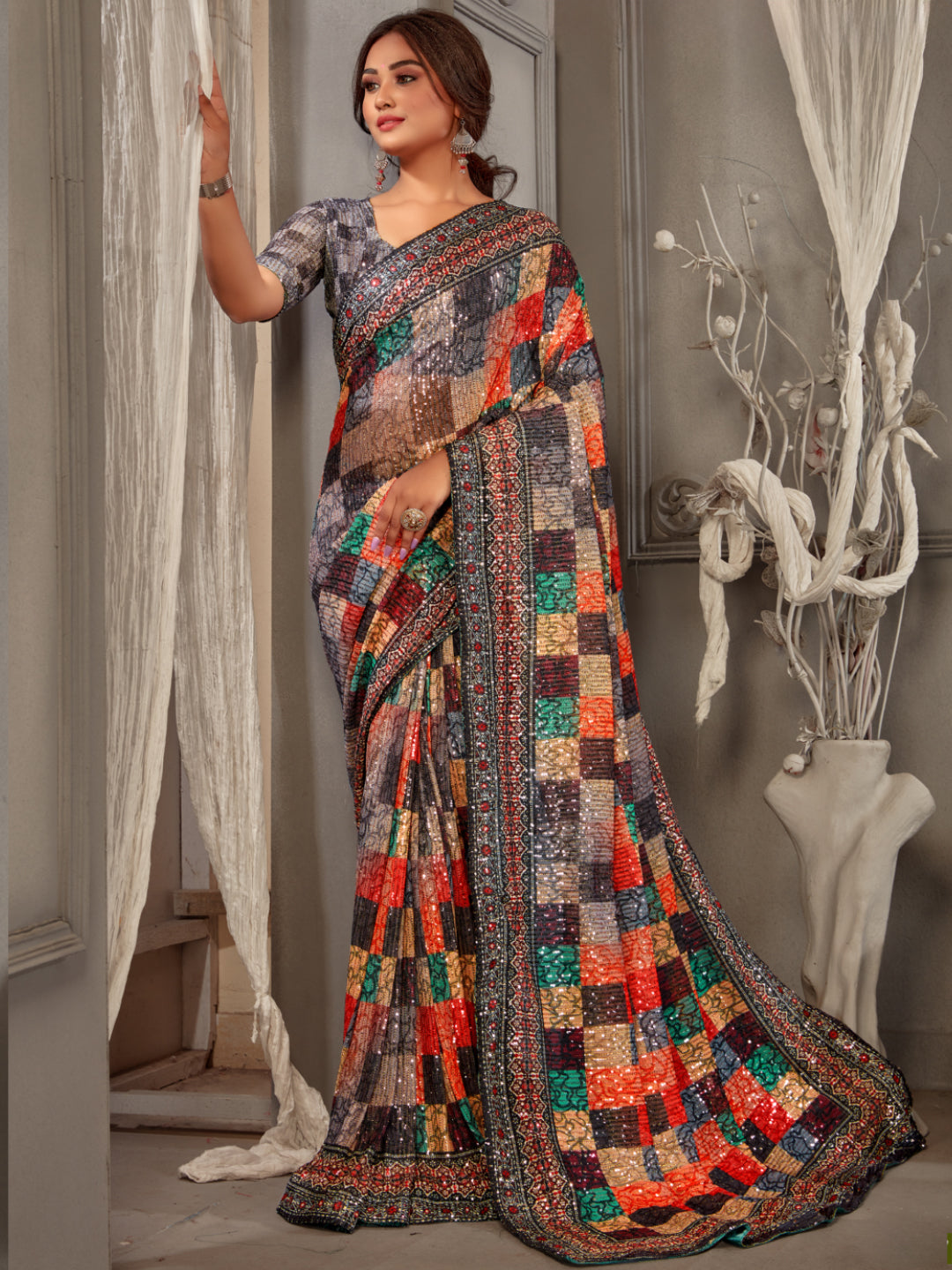 Chhabra 555 Sequin Embroidered Cocktail Saree with Digital Print Multicolor Checkered pattern