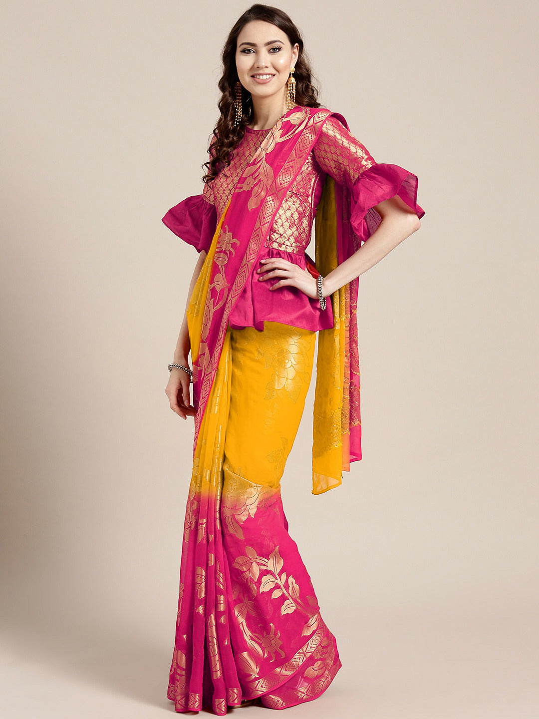 Chhabra 555 Yellow Pink Ombre Banarasi Khaddi Georgette Saree with Floral Zari Weaving

Color: Yellow and Pink

Type: Banarasi Sarees

Pattern: Woven Design

Pattern Type: Ombre

Ornamentation: Zari

Border: Zari

Fabric: Georgette

Saree: 5.4 mtr., Width: 1.10 mtr, Blouse: 0.80 mtr
Dryclean Only

The CAD image gives a detailed look of the actual blouse piece that comes with this saree. The blouse used by the model in the pictures is only for styling purpose.