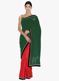 Green & Red Velvet Swarowski Work Party Wear Saree