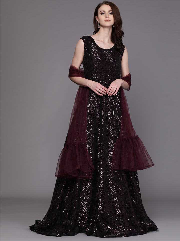 Black Sequinned Cocktail Gown with Ruffled dupatta
