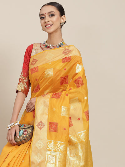 Chhabra 555 Yellow Resham & Zari Woven Banarasi Silk Saree with Geometrical Motifs 