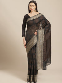 Black Banarasi Silk Self-Embossed Saree with Ethnic FLoral Motifs in Oxidised Zari