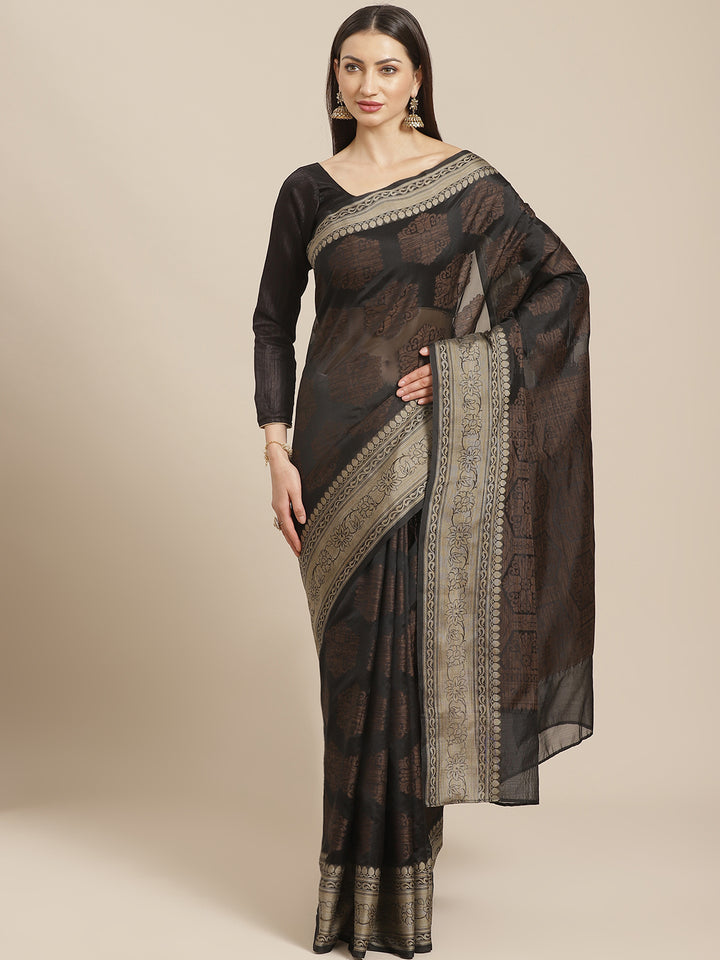 Black Banarasi Silk Self-Embossed Saree with Ethnic FLoral Motifs in Oxidised Zari
