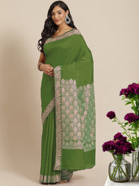 Chhabra 555 Mehndi Green Solid Banarasi Silk Saree with Zari Woven Floral Border