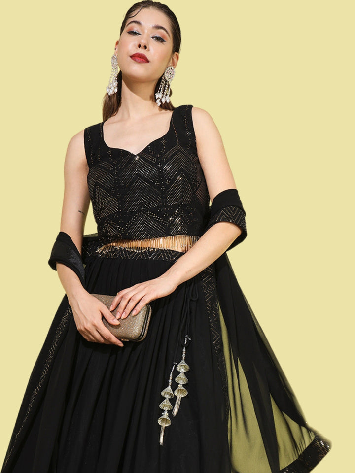 Chhabra 555 Made-to-Measure Black Metallic Foil Print Georgette Lehenga Choli with Extra Flare