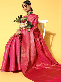 Chhabra 555 Gajari Pink Oxidised Zari Handloom Traditional Banarasi Silk Saree With Ethnic Motifs 