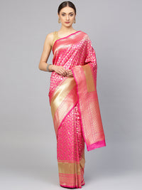 Banarasi Handloom Silk Saree with Zari Leaves and Geometric Border