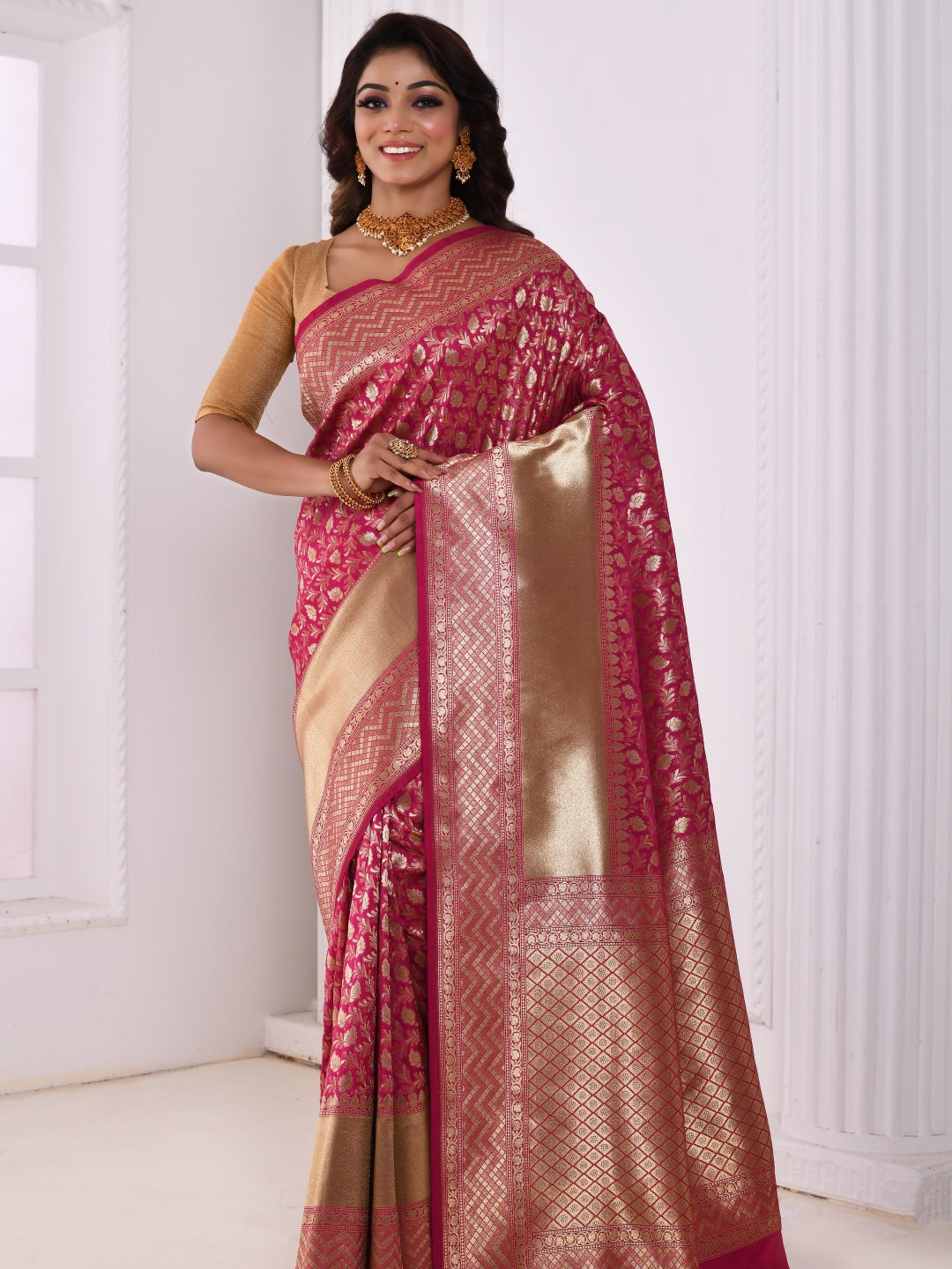 Magenta & Golden Woven Design Banarasi Saree