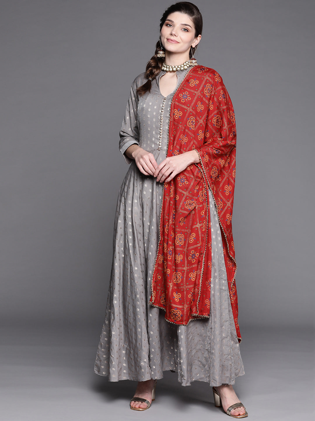 Chhabra 555 Grey Mysore Georgette Anarkali Suit With Bandhani Dupatta & Stylish neckline