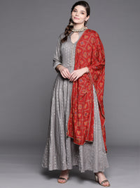 Chhabra 555 Grey Mysore Georgette Anarkali Suit With Bandhani Dupatta & Stylish neckline